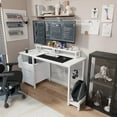 thumbnail image 3 of PetFurnishn  Computer Desk with Drawer and Power Outlets, 47" Workstation with 2 Monitor Stands and Fabric File Cabinet, Writing Gaming Table with Shelves and Hooks for Study Room, White, 3 of 8