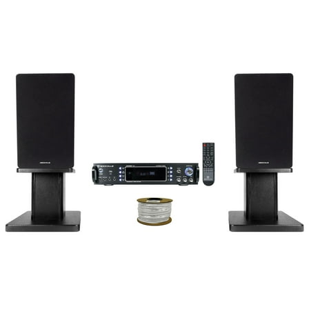 Rockville RPA60BT Receiver (2) 6.5" Black Bookshelf Speakers Black 8" Stands   Rockville R14GSBR100 Red/Blk 14 Gauge 100' Ft. Mini Spool Car Audio Speaker Wire