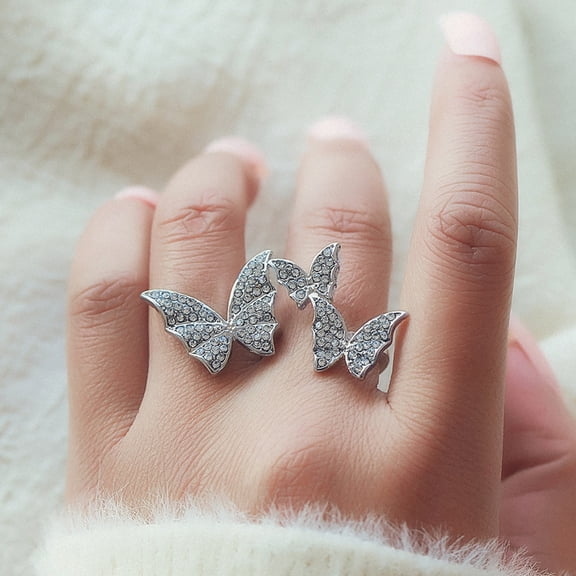 SmartBy Women Finger Ring Three Butterflies Rhinestones Inlaid Adjustable Open Ring Exaggerated Finger Band Jewelry Gift