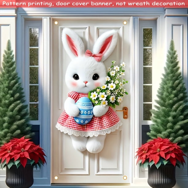 Cubierta de puerta de bienvenida de conejo, decoración de fondo de puerta de Feliz Pascua rosa, letrero de bienvenida para puerta de entrada de Pascua para recuerdos de fiesta de Feliz Pascua