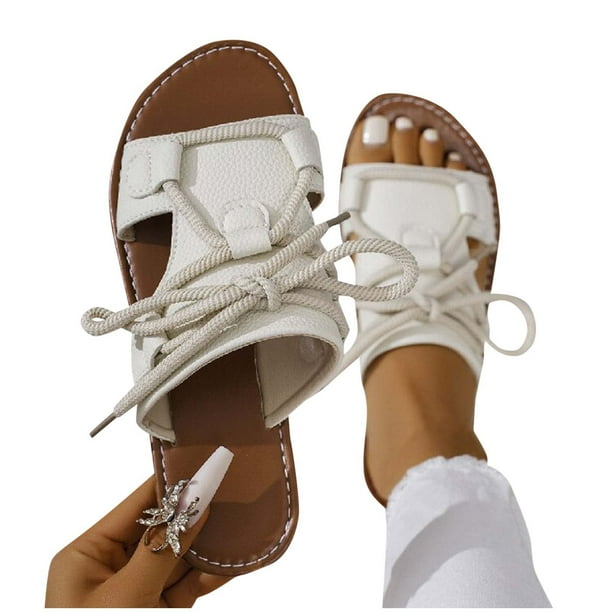 SEAOPEN Sandales Plates pour Femmes avec Nœud en Paille Bout