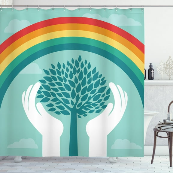 Vintage Rainbow Shower Curtain, Tree Silhouette Between Human Hands Protecting Nature Theme Growth Ecology, Fabric Bathroom Set with Hooks, 69W X 75L Inches Long, Multicolor, by Ambesonne