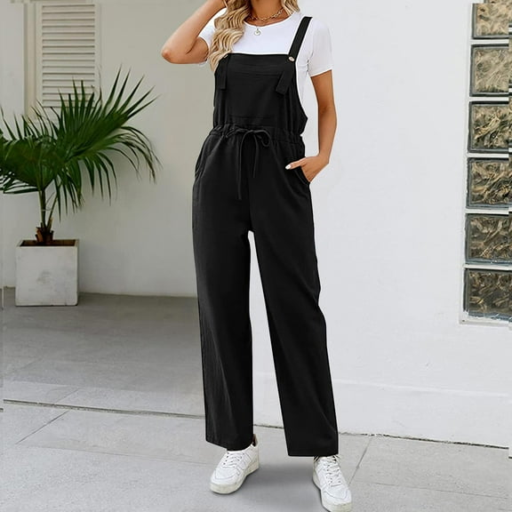 Virmaxy Loose Overalls For Women Fashion Color Waist Strap Pants Jumpsuit Wide Leg Overalls For Women Loose Fit Black-A S