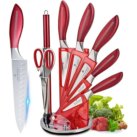 Ensemble de Blocs de Couteaux, Ensemble de Couteaux de Cuisine 8 Pcs avec Support de Rangement Rotatif, Ensemble de Couteaux Tranchants en Acier Inoxydable, Ensemble de Couteaux de Chef pour la Cuisine avec Aiguiseur pour Couper Trancher Désosser Hacher (Rouge)