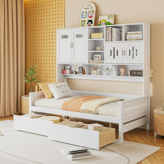 Harper & Bright Designs Twin Size Daybed with and Storage Bookcase, Wood Daybed with 2 Drawers, Twin Wooden Day Bed with Storage Cabinets Shelves, White