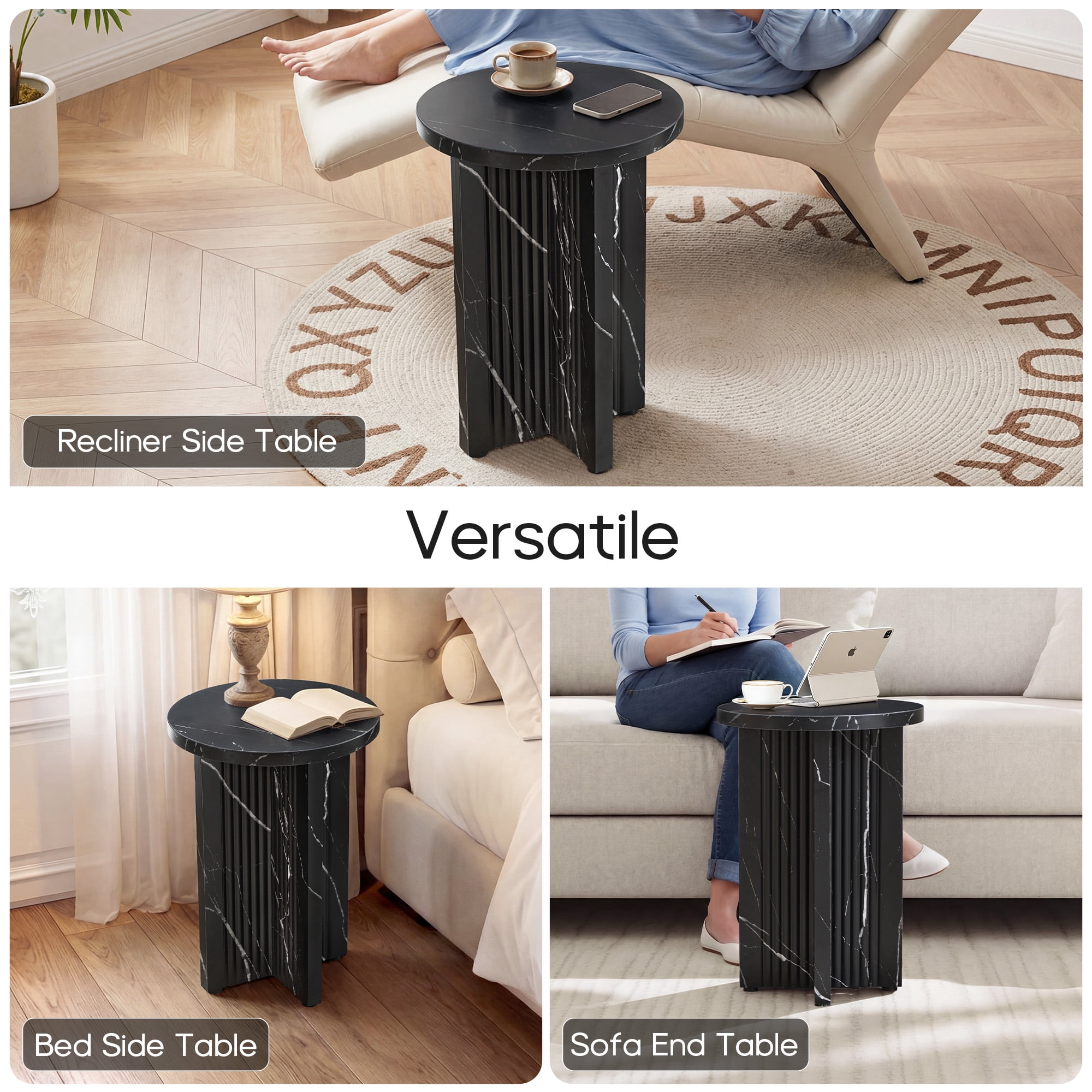 YOCWO Round Small End Tables for Living Room with Wave Base, Mordern MDF Side Table for Bedroom Small Space with Marble Veneer Finish, Black