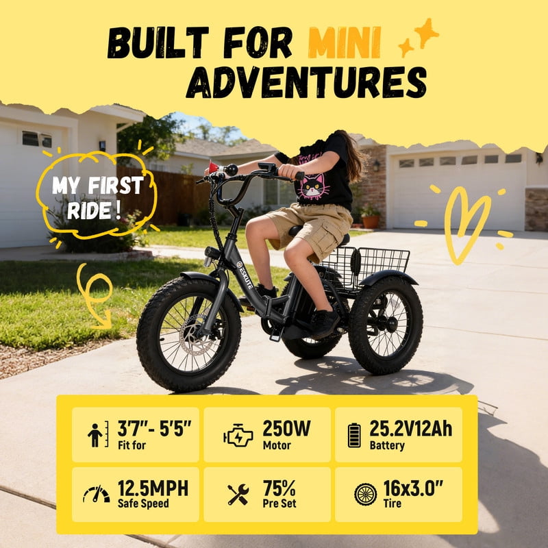 ESKUTE T300mini Electric Tricycle for Beginners, 16" x 3.0 Fat Tire Folding 3-Wheel E-Bike, 500W Peak Motor, 302Wh Battery, Step-Thru, 12.5 MPH, Black with Lock，Phonebag and mirror, UL2849