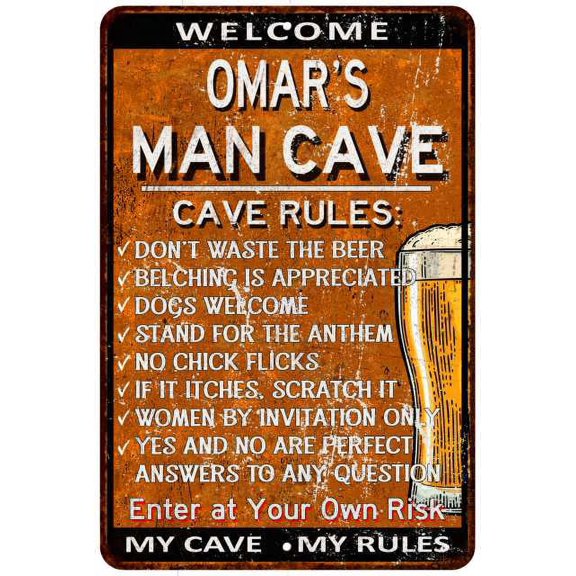 OMAR'S Man Cave Rules Rusty Sign Garage Decor 8 x 12 High Gloss Metal 208120051098