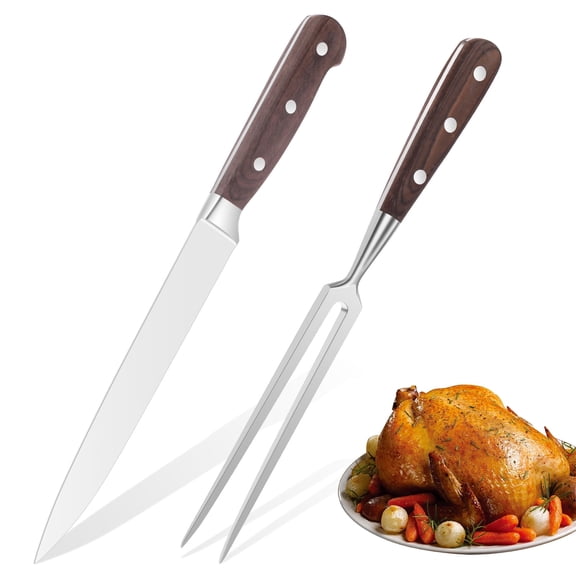 12Inch Carving Knife & 7 Inch Fork Set,Carving Set for Turkey, Meat, BBQ, Brisket, Full Tang Slicing Knife with Christmas Elegant Box,Wooden Handle