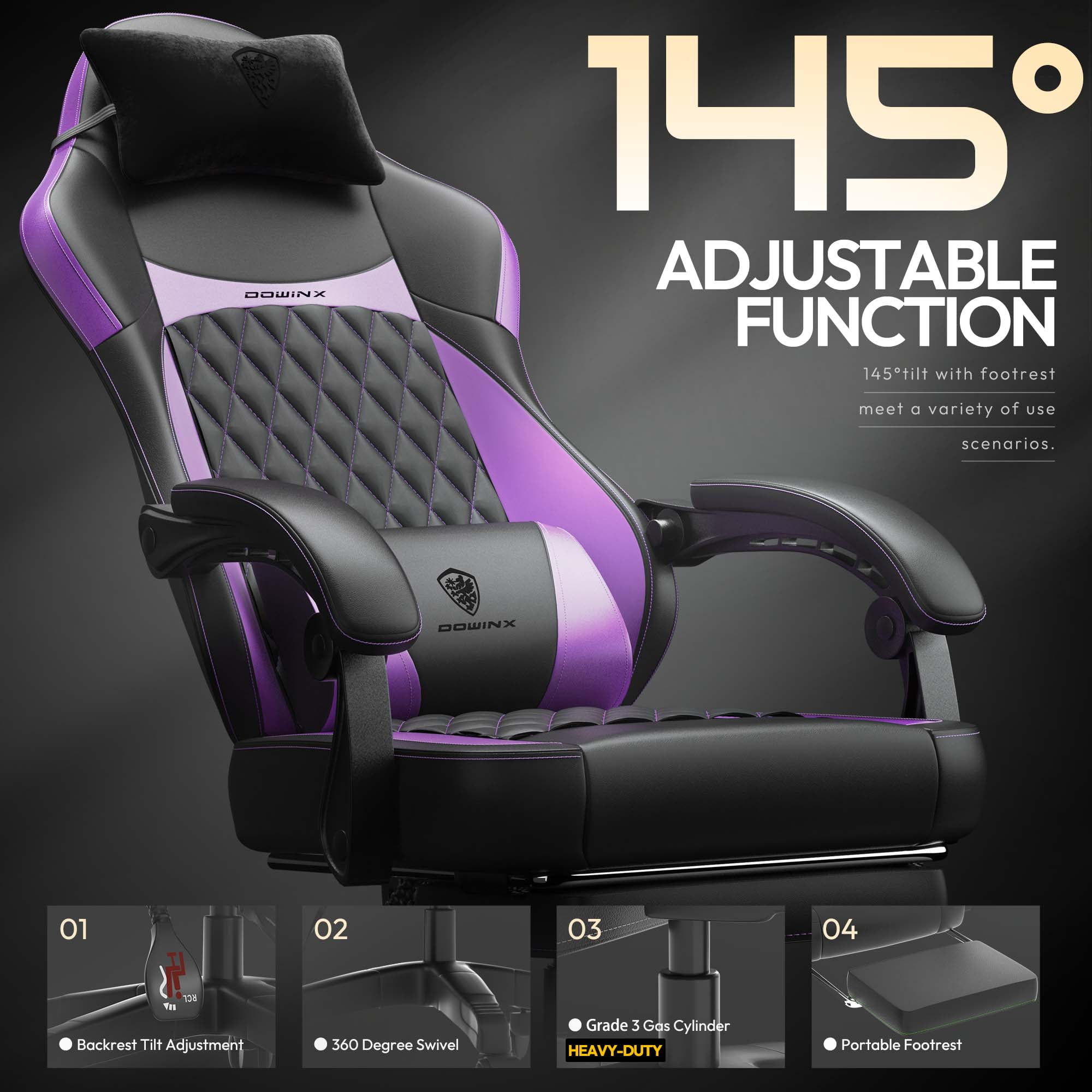 KARXAS Adult Gaming Chair Faux Leather PC Gaming Chair with Footrest and Lumbar Support, Black and Purple