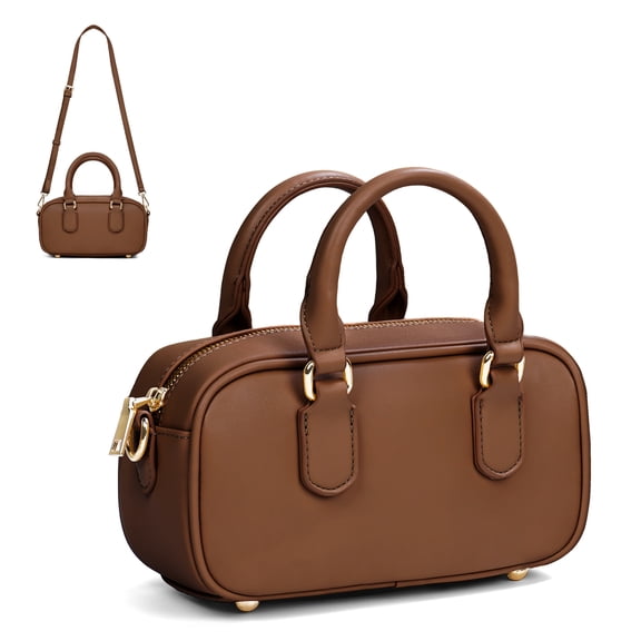 RAINSMORE Women's Retro Bowler Handbags Minimalist Small Top Handle Purse Satchel Crossbody Shoulder Purse Cute Ladies Handbags for Work,Brown