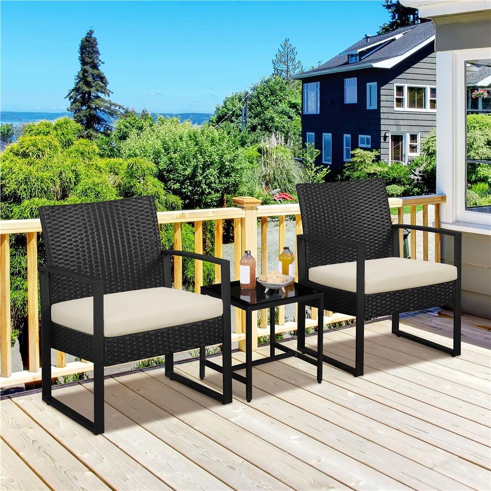 Renwick 3-Piece Patio Bistro Set with 2 PE Rattan Chairs and Table, Black/Beige