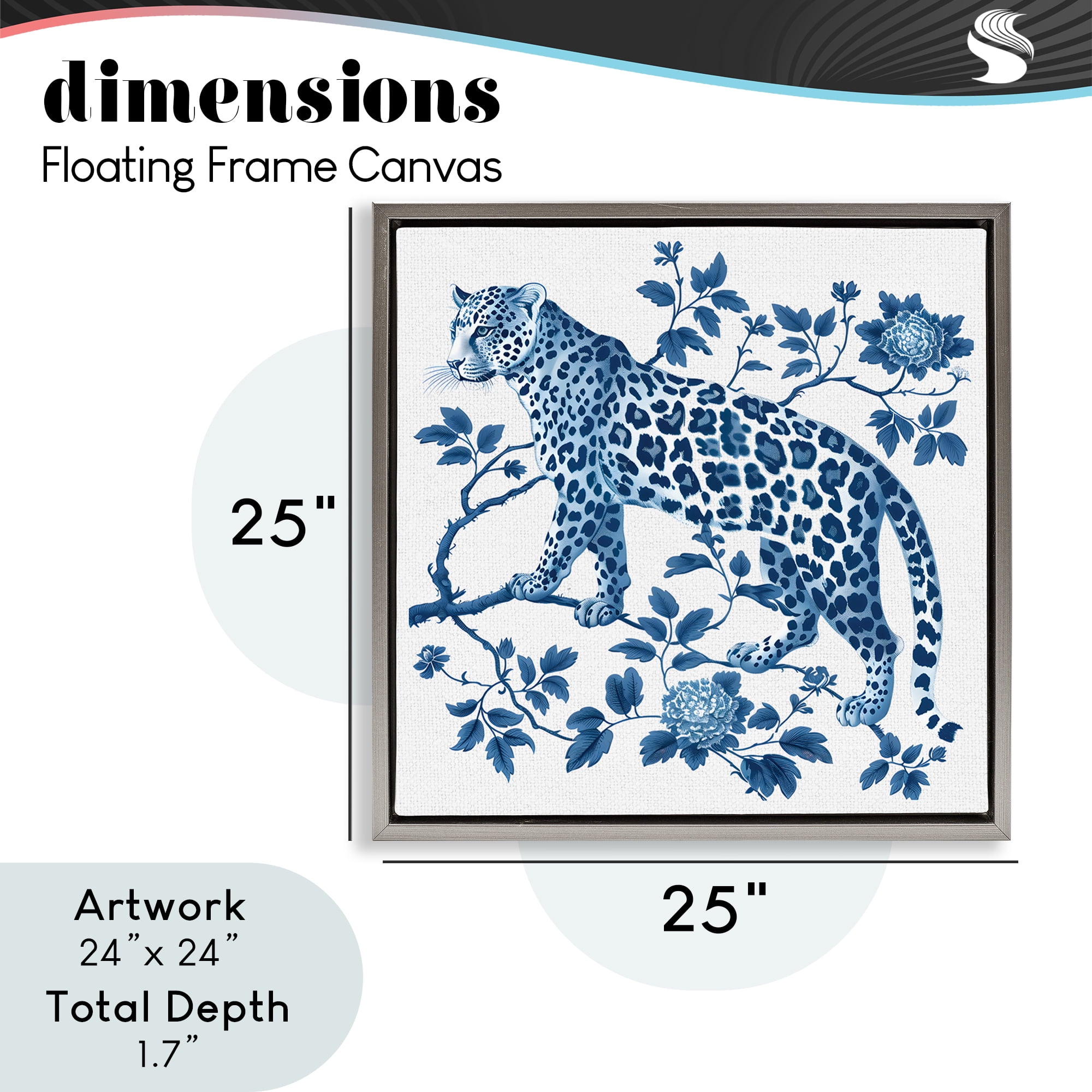 Traditional Ornate Floral Leopard Gray Framed Floater Canvas Wall Art, design by Lettered and Lined