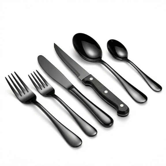 48 Piece Black Silverware Set with Steak Knives, Stainless Steel Flatware Set for 8, Mirror Polished Cutlery