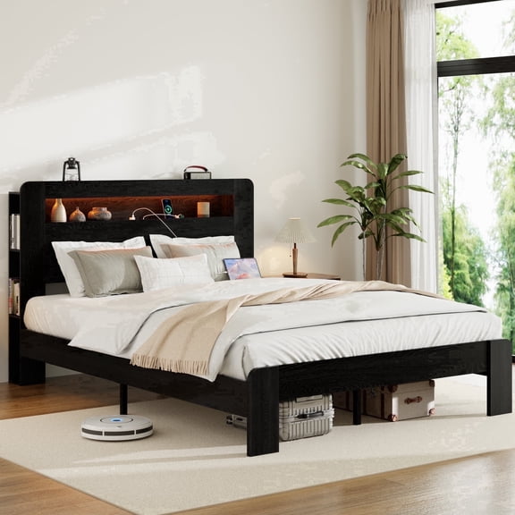 Vanress Queen Size Bed Frame with Storage Headboard, Metal Platform Bed Frame with Bookcase Shelf, Charging Station & LED Lights, Large Under Bed Storage, Noise Free, No Box Spring Needed, Dark Black