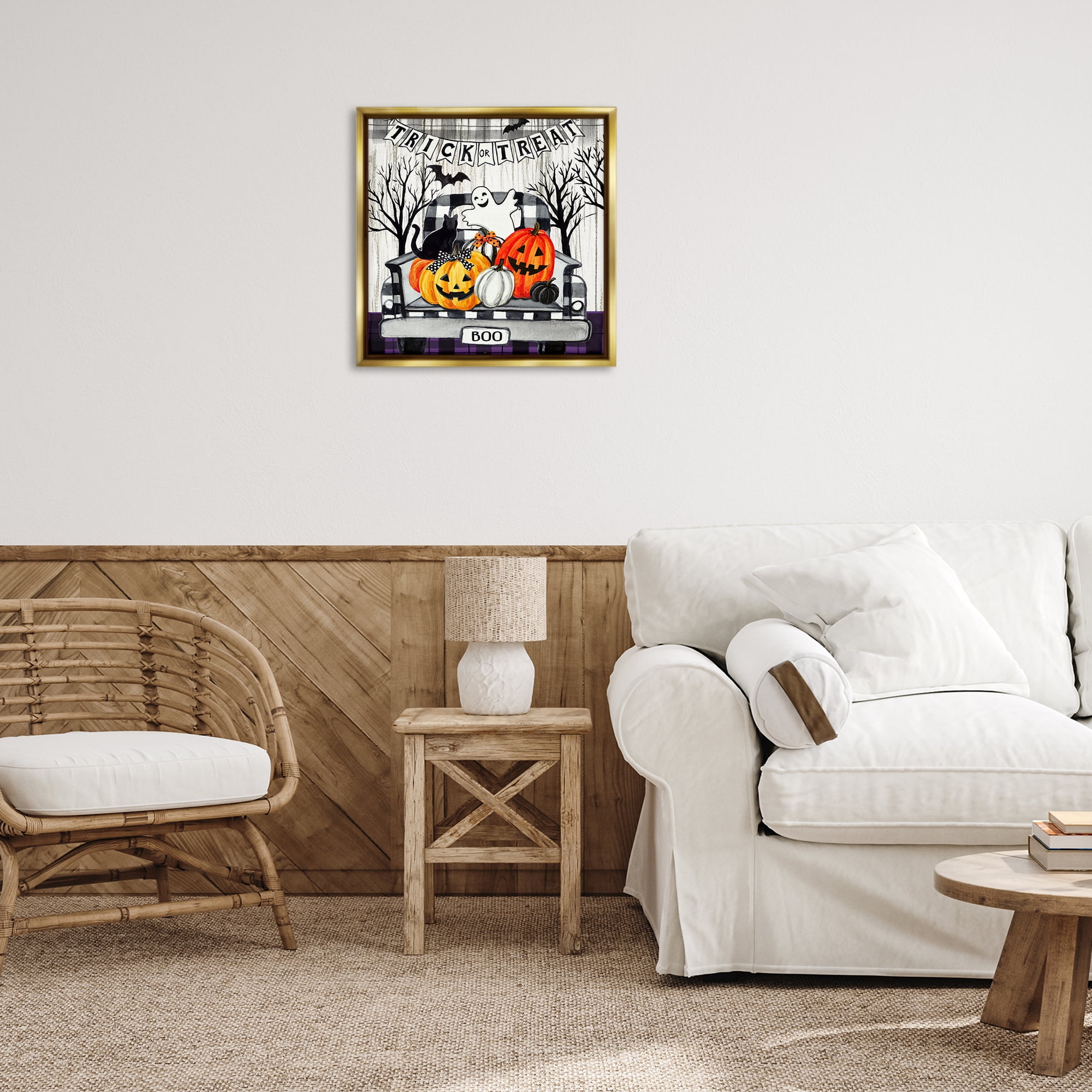 Stupell Industries Halloween Filled Truck Holiday Painting Gold Floater Framed Canvas Art Print Wall Art, 25 x 25