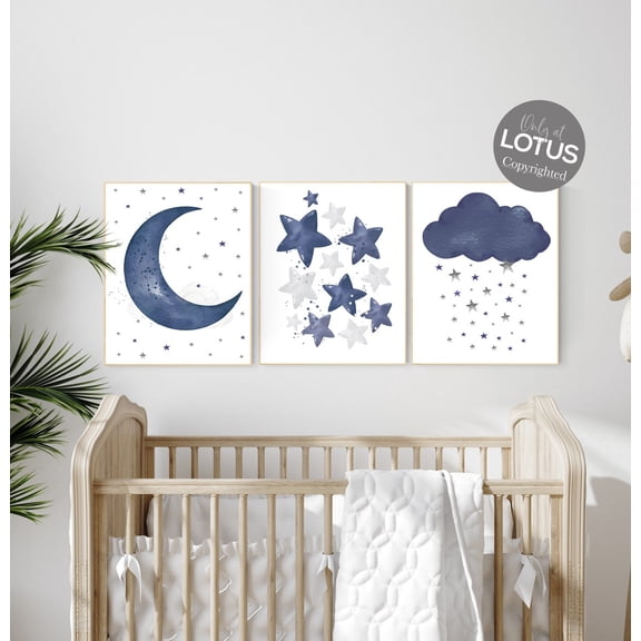 UNFFRAMED Navy Nursery Decor, Cloud And Stars, Moon And Stars, Navy Blue Nursery Art. Baby Room Wall Art, Boy Nursery Decor, Set Of 3, Nursery Art #246 Set 3 Prints 8x12