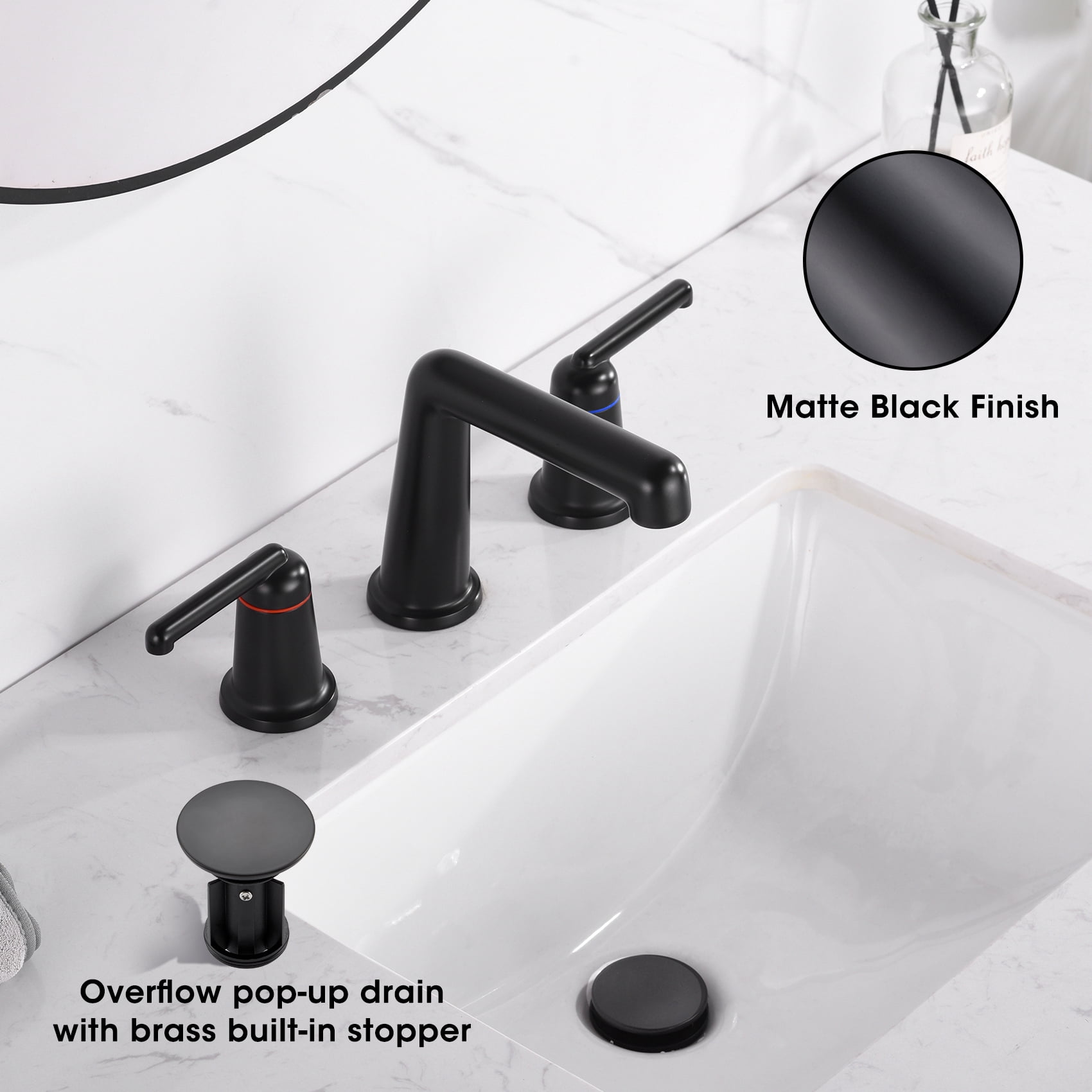 ARTIQUA Bathroom Sink Faucets, Matte Black Bathroom Faucets for Sink 3 Hole Widespread, 8 inch ‎Bathroom Sink Faucet Brass with Pop-up Drain 2 Lever Handle for Vanity Rv Lavatory Washbasin