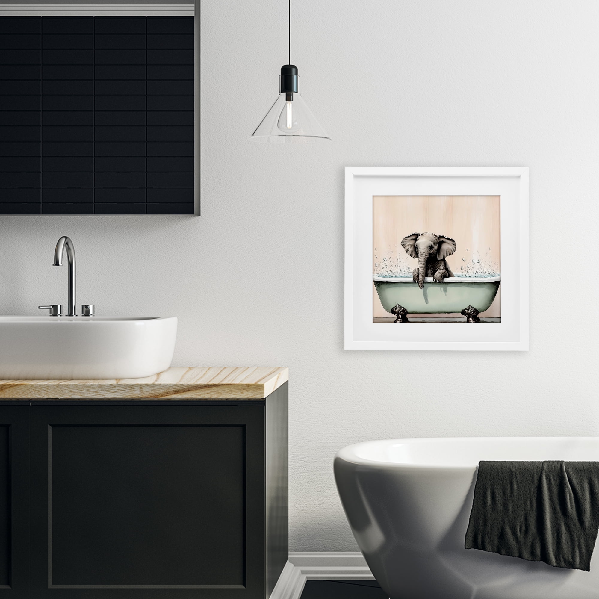 Baby Elephant Bathtime White Framed Print Under Glass, design by Sasha