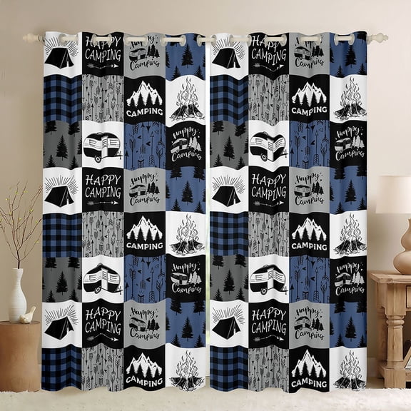 Homewish Travel Trailer Black Out Curtains,Happy Camping Curtains Pack of 2 (42x63 Each),Blue Gray Checkered Bedroom Curtains For Boys Kids,Luxury Bedroom Decor