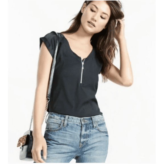 Express Silky Zip Front Rolled Sleeve Blouse