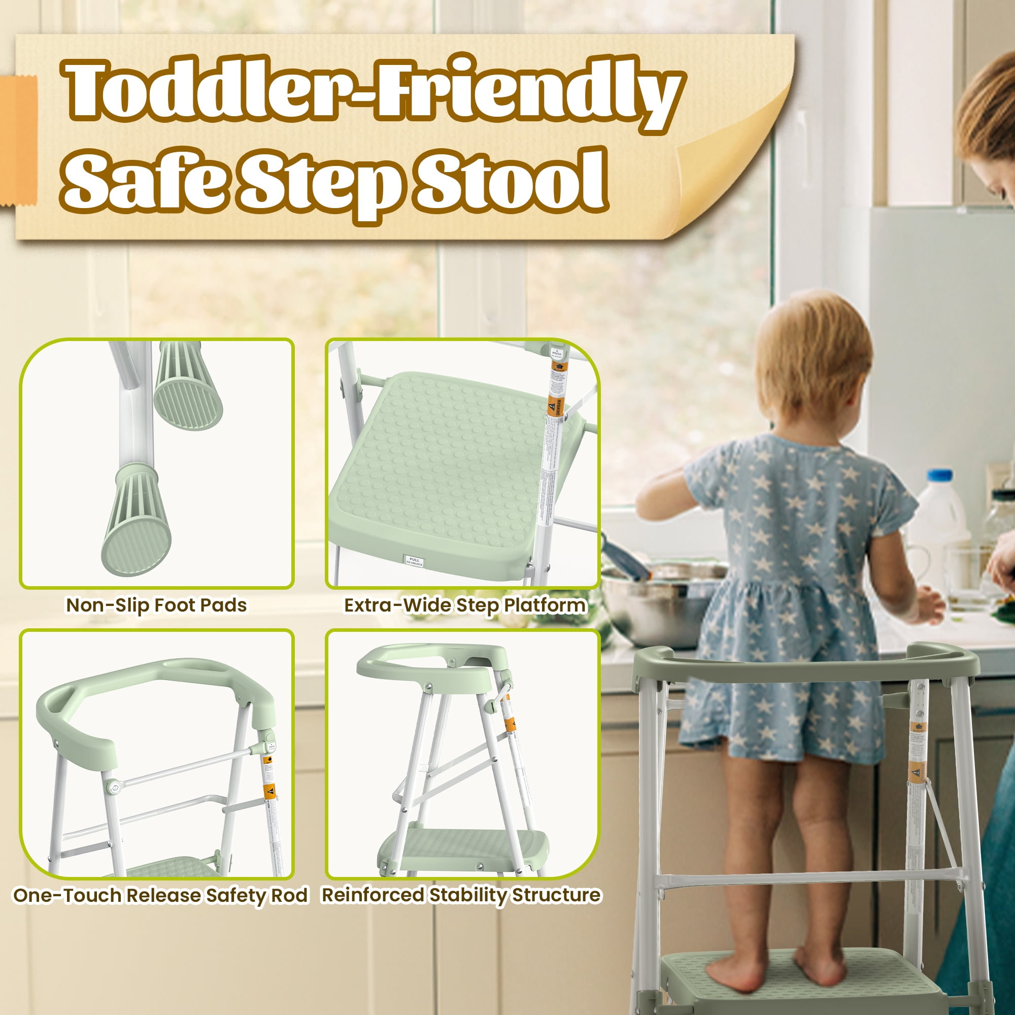 ASoopher Toddler Tower Foldable Kitchen Step Stool, Safe Learning Stool for Kids 2-6