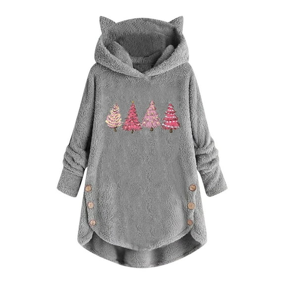 IROINNID Christmas Shirts for Women Christmas Plush Hooded Pullover Long Sleeve Thermal Winter Warm Loose Fit Tops,Gray
