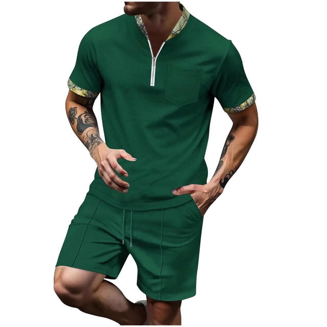 Shorts Courts pour Hommes Pantalons pour Hommes Décontractés Mode Hommes Manches Courtes Col Rabattu Pantalons Survêtement Deux Pièces Manches pour Hommes Pantalons pour Hommes Mode