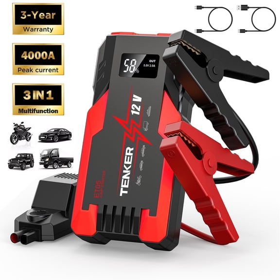 Multi-functional Car Jump Starter, 4000A Peak Car Battery Jump Starter, Portable Jump Starter Battery Pack for up to 7.2L Gas and 5.5L Diesel Engines, 12V Auto Battery Booster w/ 3 LED Modes
