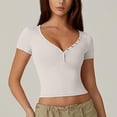 thumbnail image 2 of Women's Double Lined Buttoned Slim Crop Top Short Sleeve Top White Small, 2 of 5