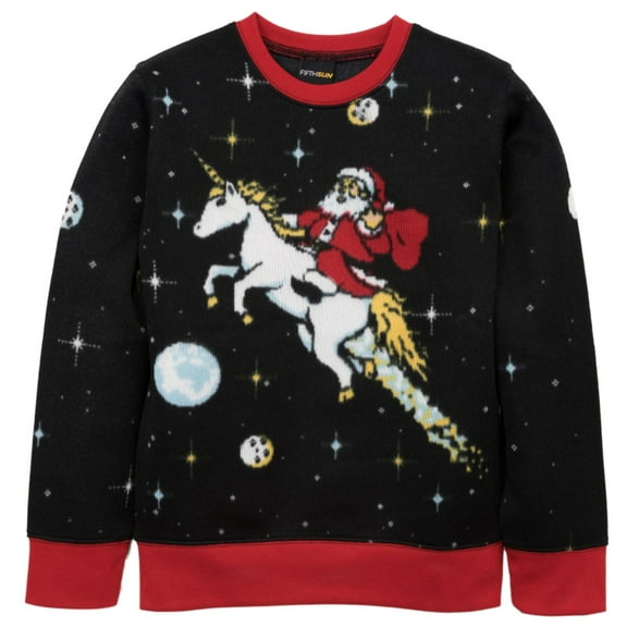 Boys Black Santa Riding A Unicorn Ugly Christmas Sweater Outer Space Top XS