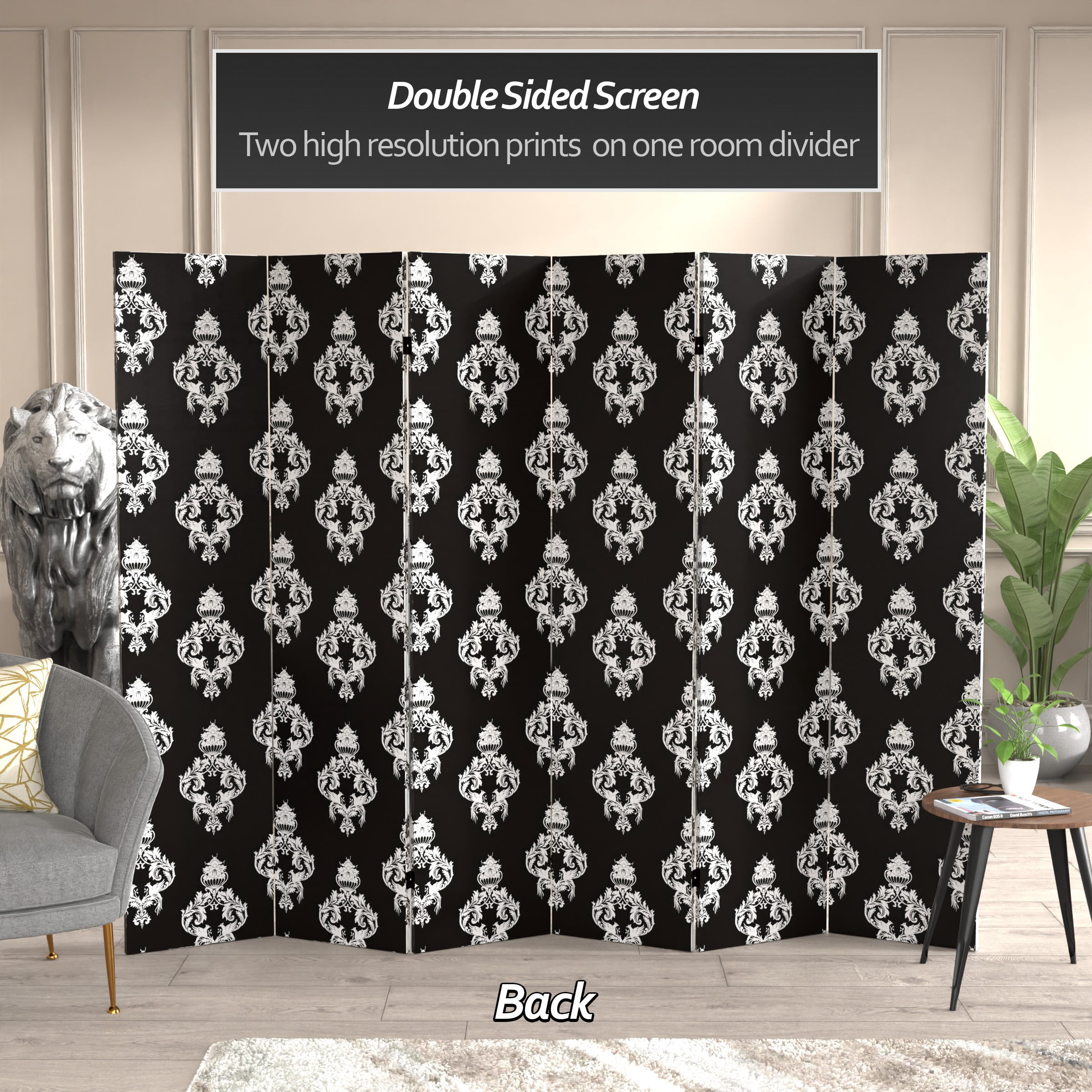 Oriental Furniture 6 ft. Tall Black and White Damask Room Divider - 6 Panel
