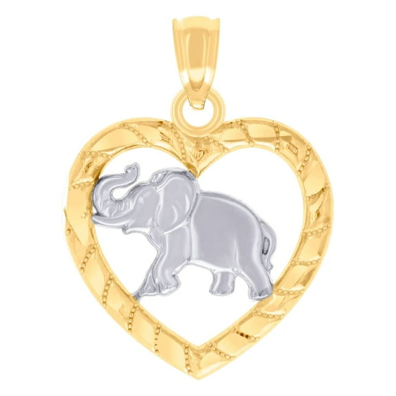 14k Two-tone Gold Womens Love Heart Elephant Good Luck Animal Wildlife Charm Pendant Necklace 20.3x15.1mm Wide Pendant f
