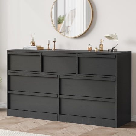 Spacious 7 Drawer Black Wood Grain Dresser - 54 Wide Wooden Chest for Bedroom - Large Storage Organizer for Living Room Entryway Nursery - Black Wood Grain