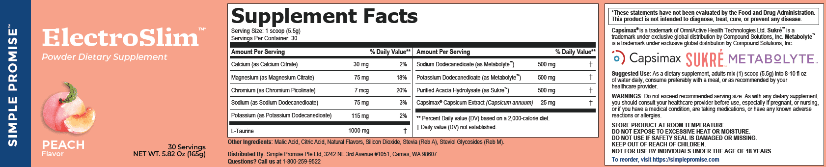 Simple Promise ElectroSlim - Sugar-Free Keto Electrolytes Powder -  No Sugar Formula for Daily Energy Support and  Hydration, Low Sodium Organic Electrolytes Powder,   - 30 Servings, Peach Flavor