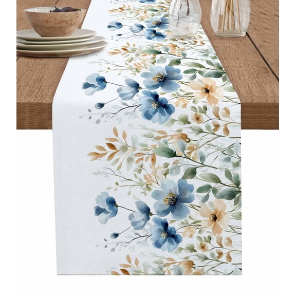 ERUNPONLY Blue Spring Floral Table Runner - 72 Inch Long Weeping Botanical Orange Summer Cotton and Linen Blended Dress Scarves Farmhouse Table Runner for Kitchen Dining, Coffee Table, 16"x72"