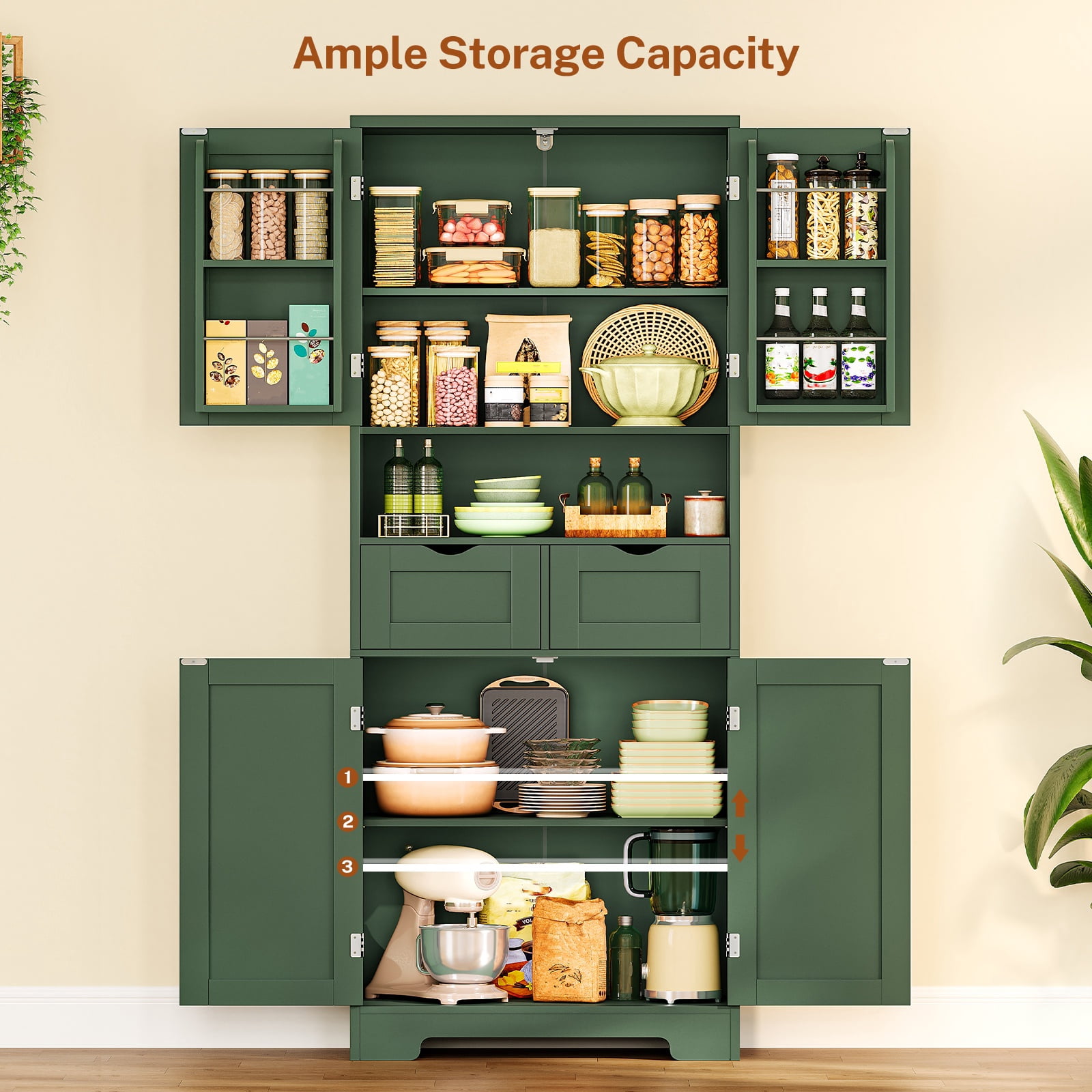 Kitchen Pantry Cabinet with Adjustable Shelf, Tall Storage Cabinet with 2 Drawers & 4 Door, Food Pantry Cabinets, for Kitchen, Dining Room, Living Room, Green