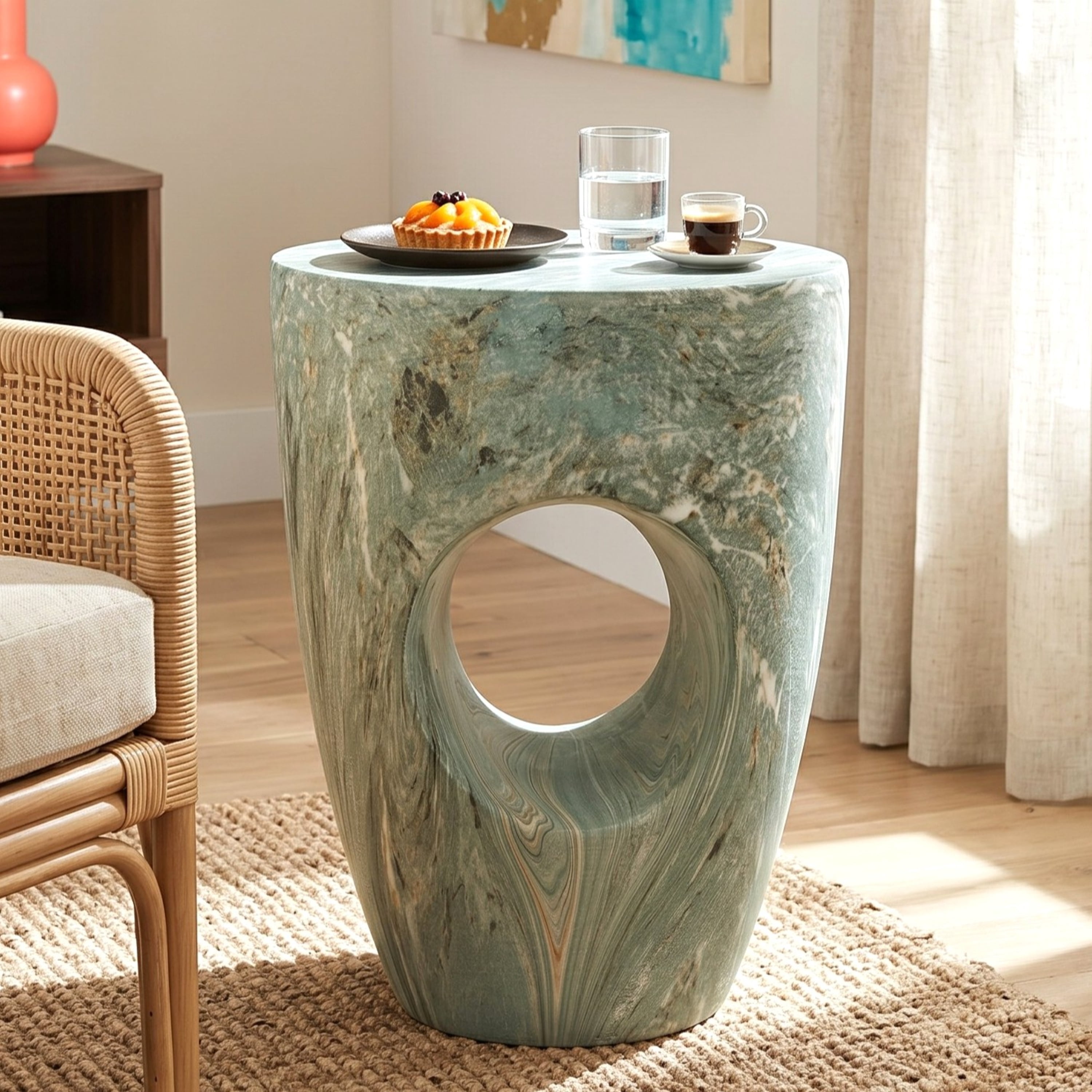 Round MGO Side Table 14.96 Inch, Faux Marble Outdoor Garden Stool and Indoor End Table, No Assembly Required, Green Marble