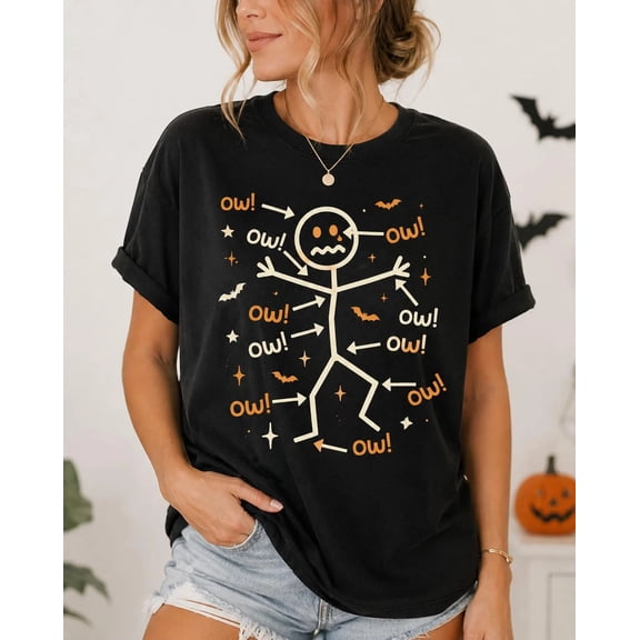 Funny Halloween Ouch Stick Figure T-Shirt, Spooky Skeleton Graphic Tee, Cute Fall Costume Shirt