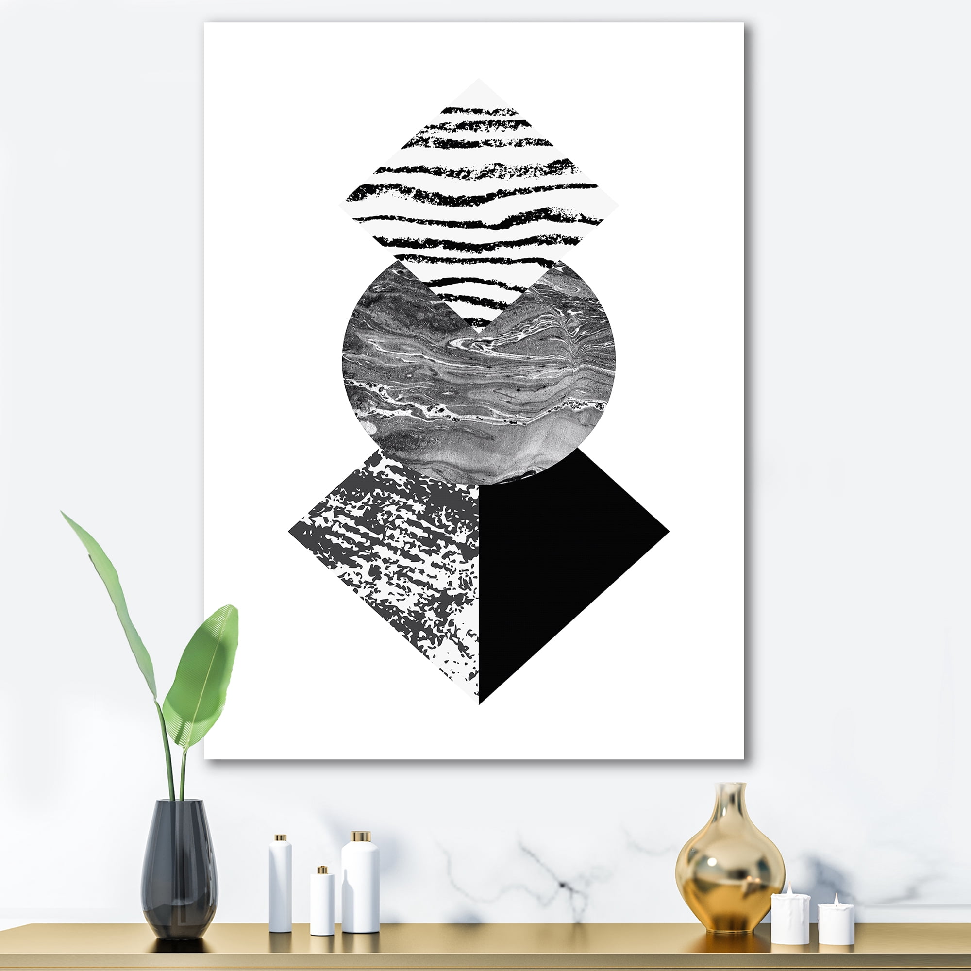 Abstract Geometry Shapes With Tropical Palm Leaf I 12 in x 8 in Painting Canvas Art Print, by Designart