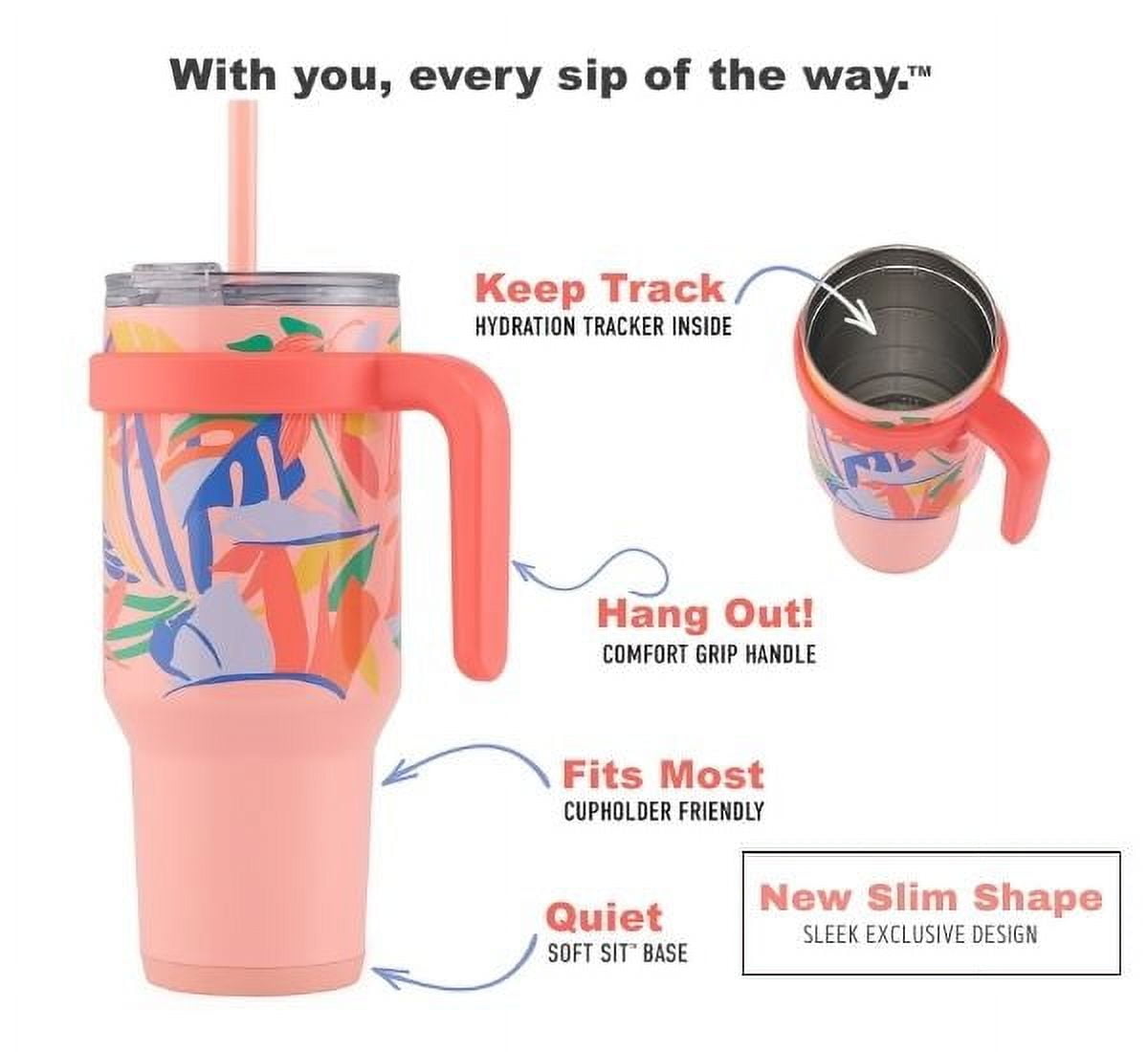 Reduce Slim Cold1 Tumbler - Straw, Lid & Handle. Insulated Stainless Steel 40oz, Peachy Tropics