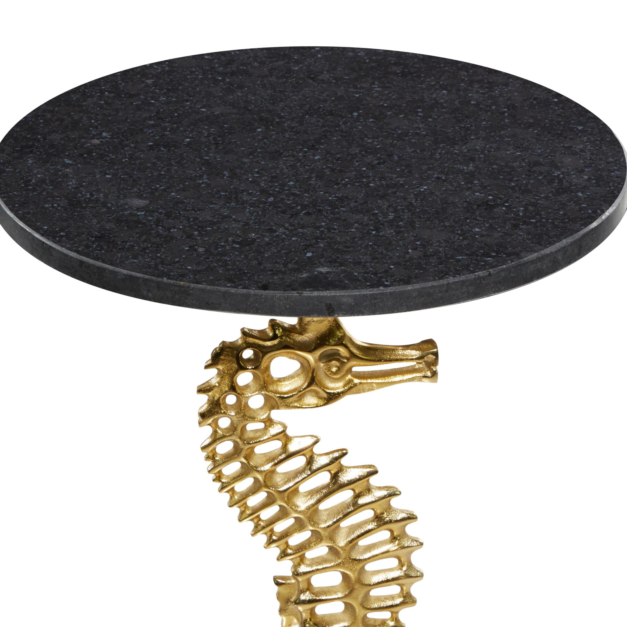 DecMode 16" x 28" Gold Aluminum Metal Pedestal Sea Horse Accent Table with Black Marble Tabletop, 1-Piece