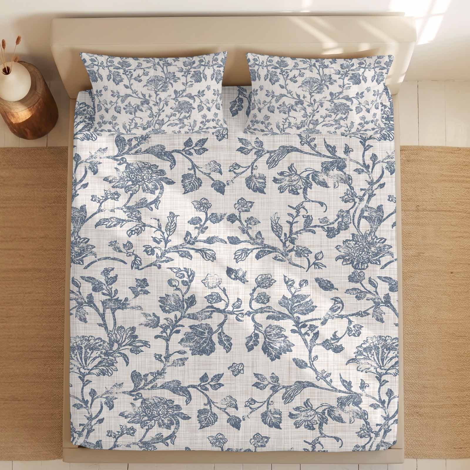 King Size Fitted Sheet Set - Farmhouse Blue Floral 3 Piece Bedding Sets 16" Deep Pocket Fitted Sheet with 2 Pillowcases, Vintage Botanical Leaves Burlap Brushed Microfiber Hotel Luxury Bed Sheets