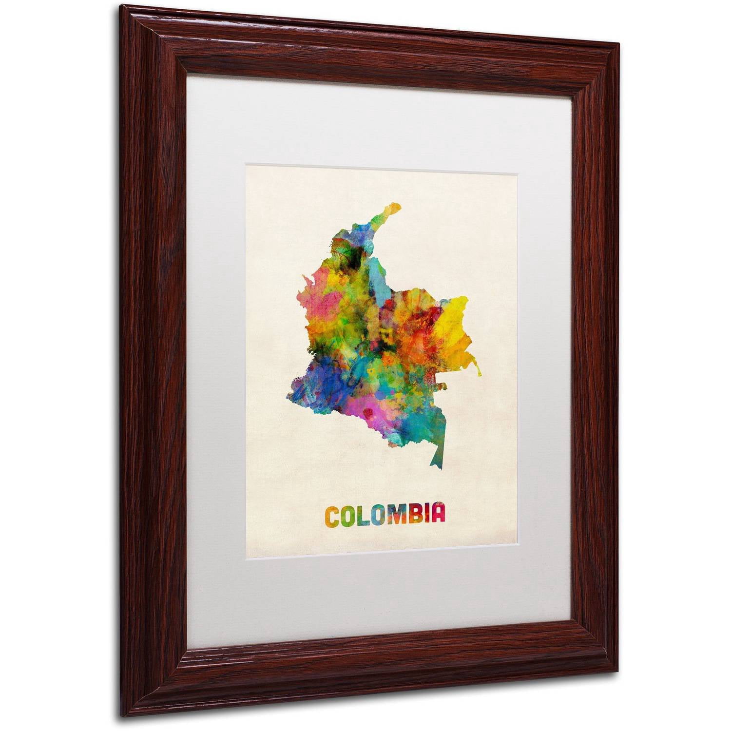 Trademark Fine Art 'Colombia Watercolor Map' Canvas Art by Michael Tompsett, White Matte, Wood Frame