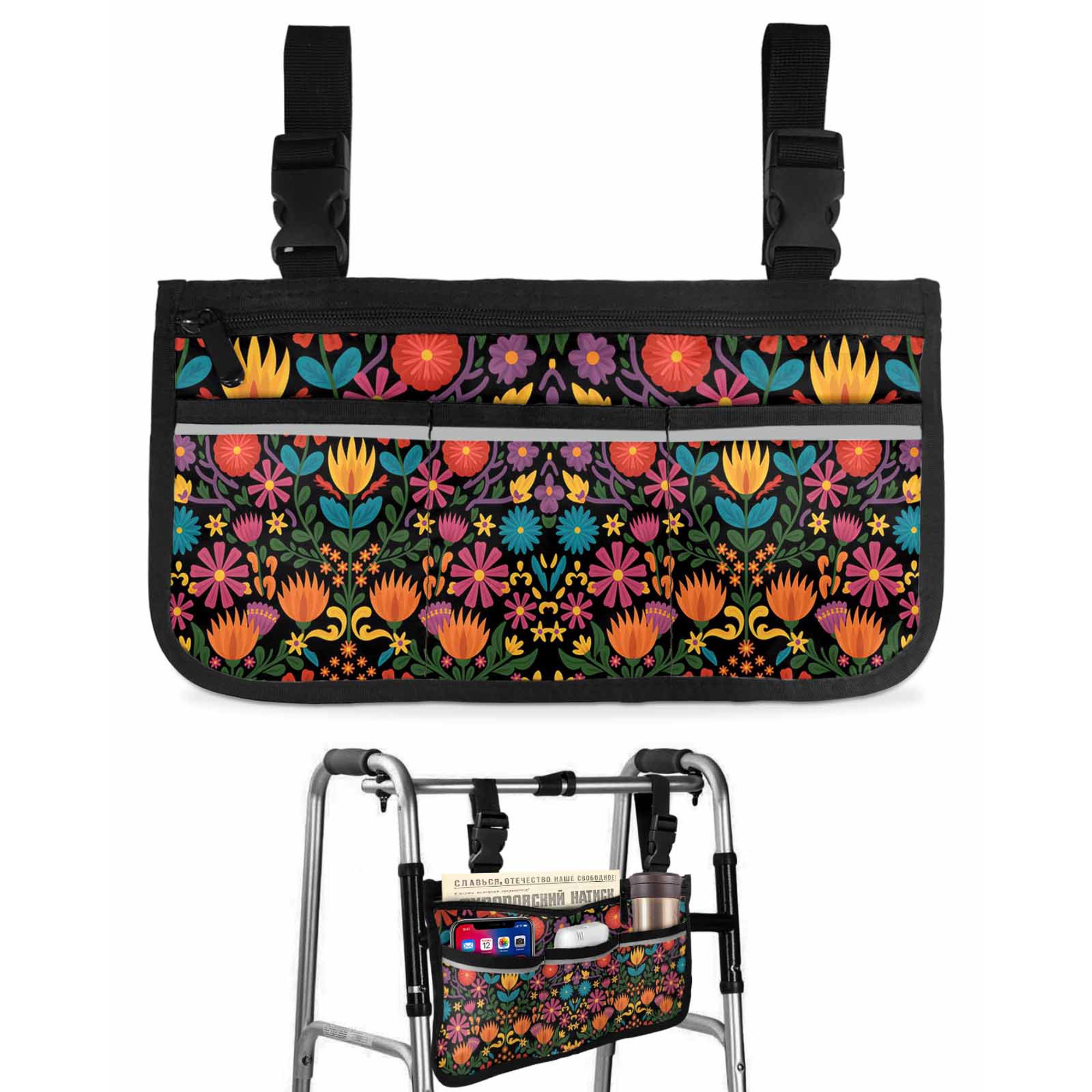 Colorful Mexico Floral Wheelchair Side Bag with Cup Holder, Abstract Yellow Orange Daisy Flowers Wheelchair Armrest Bag Storage Pouch Adults, Seniors for Walkers, Rollator, Scooter