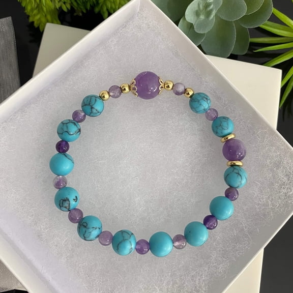 Turquoise and Amethyst Beaded Bracelet with Gold Filled Beads