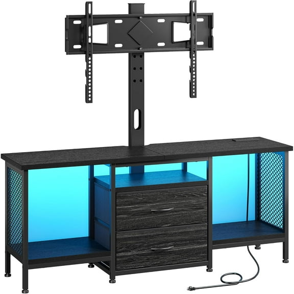 Bepatio Black TV Stand with Mount and Power Outlet and LED for 32-65 Inch TVs, Swivel and Adjustable TV Stand for Bedroom with 2 Fabric Drawers, Modern Entertainment Center, 55.1" W×13.7" D×55.9" H