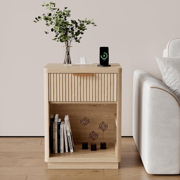 Mid Century Modern Nightstand with Charging Station - 1 Drawer Fluted End Table for Bedroom