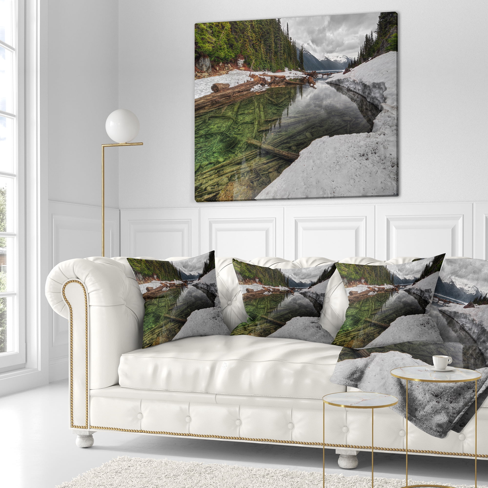 Designart Crystal Clear Lake with Pine Trees - Landscape Printed Throw Pillow - 16x16