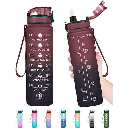 

32 OZ Water Bottle Leakproof BPA & Toxic Free Motivational Water Bottle with Times to Drink and Straw Fitness Sports Water Bottle with Strap for Office Gym Outdoor Sports (2 Pack)
